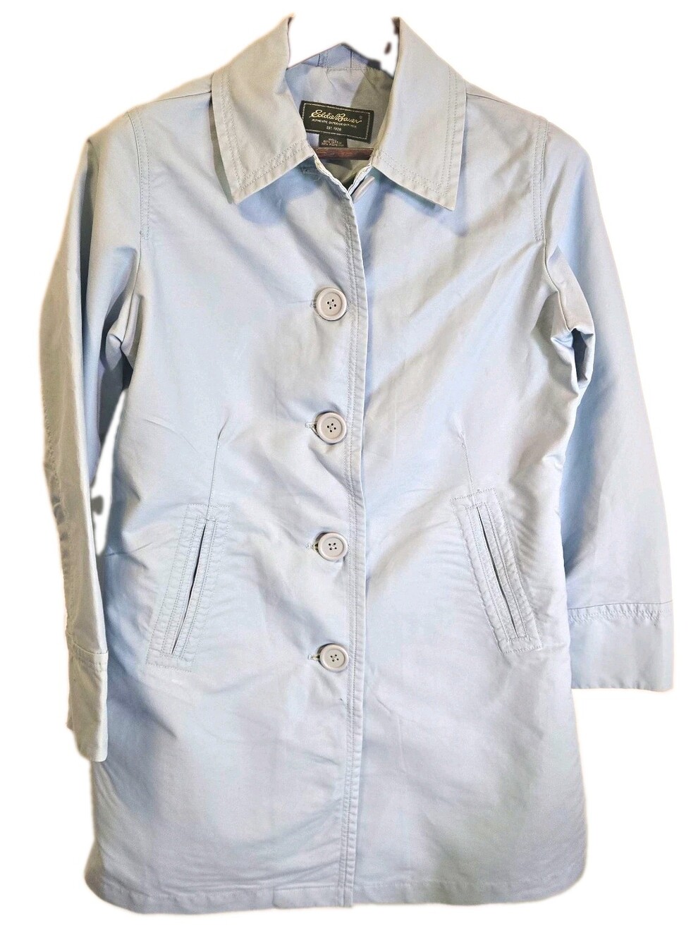Eddie Bauer Women's Light Blue Button Front Mid-Length Coat Pockets Size M